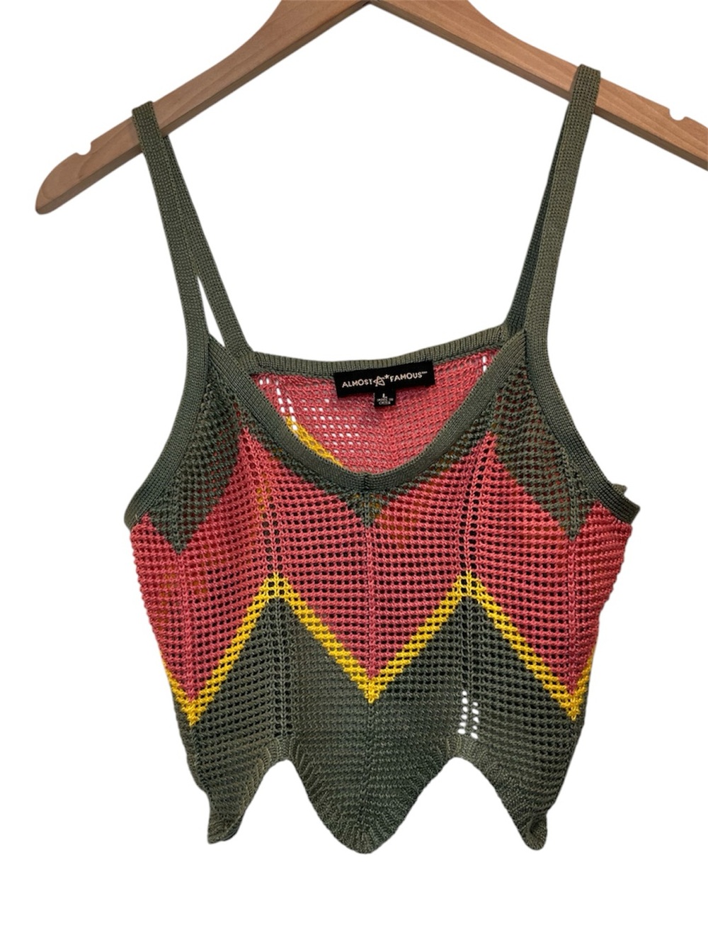 Almost Famous Olive Mesh Tank Top with Pink & Yellow Accents- Large